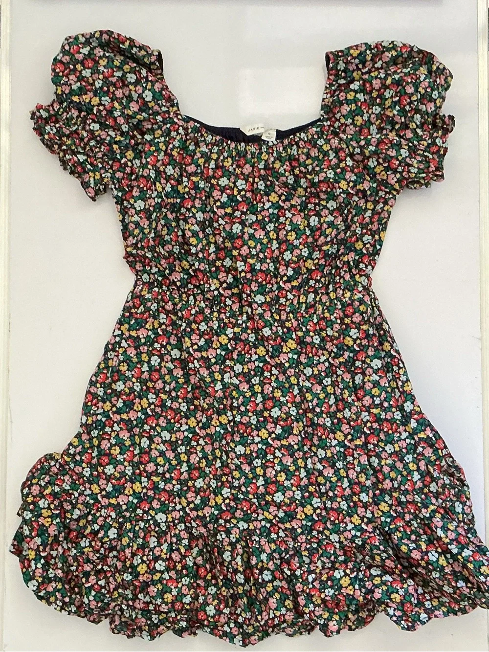 Janie and Jack Navy Multicolor Floral Puff Sleeve Dress Size 12 NWOT